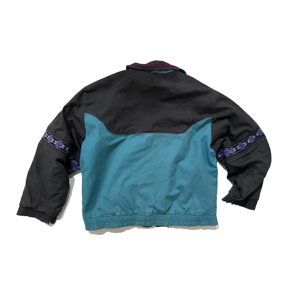 Vintage 90s Western Frontier Bomber Jacket Mens LGTeal Aztec Wool Lined Thrasher